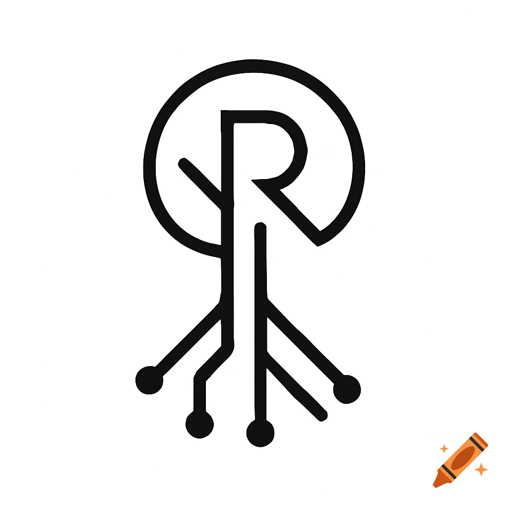 Black and white stylized logo of a tree trunk forming an R with circuit board roots.