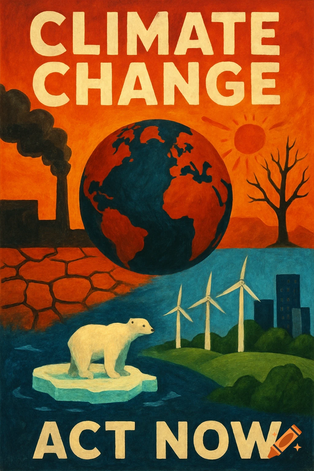 Poster showing climate change impacts and solutions, with text 'CLIMATE CHANGE ACT NOW'.