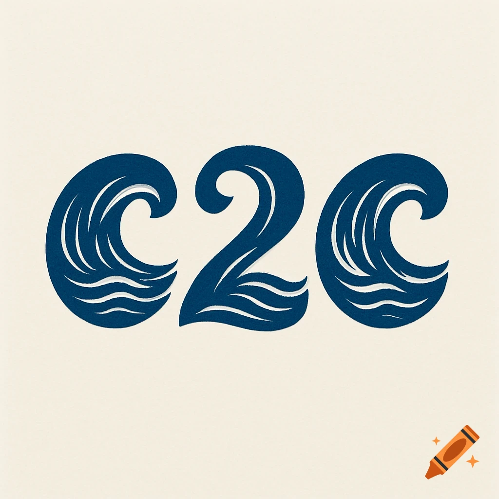 Logo for C2C made of stylized blue ocean waves on a cream background.
