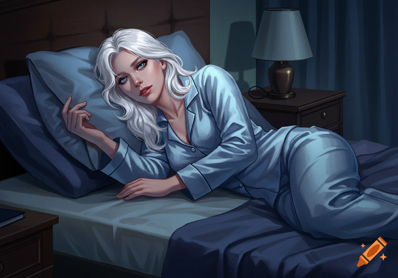 A woman with white hair and blue eyes lying in bed in blue pajamas.