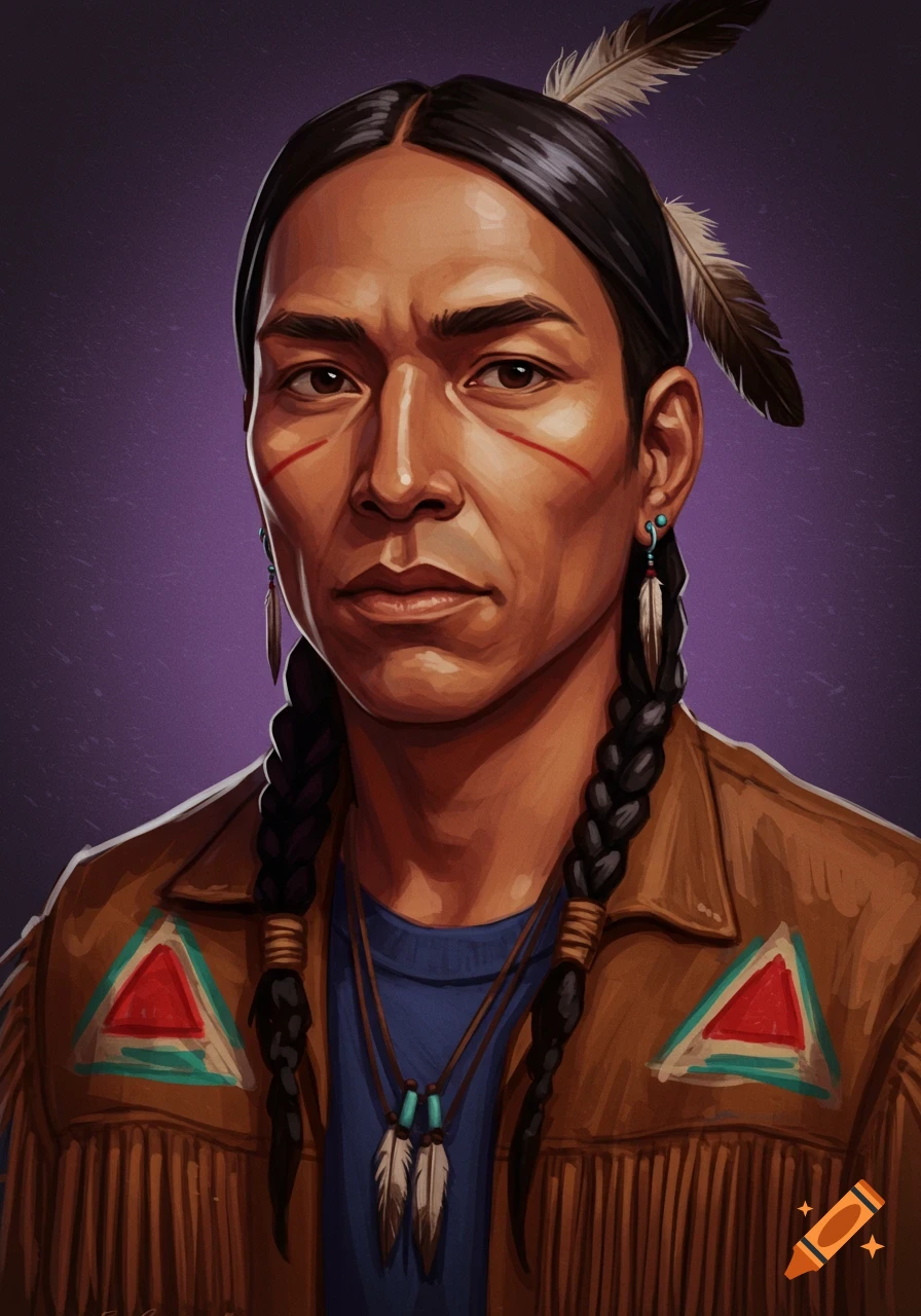 Portrait of a Native American man with face paint and braids, wearing a fringed jacket.