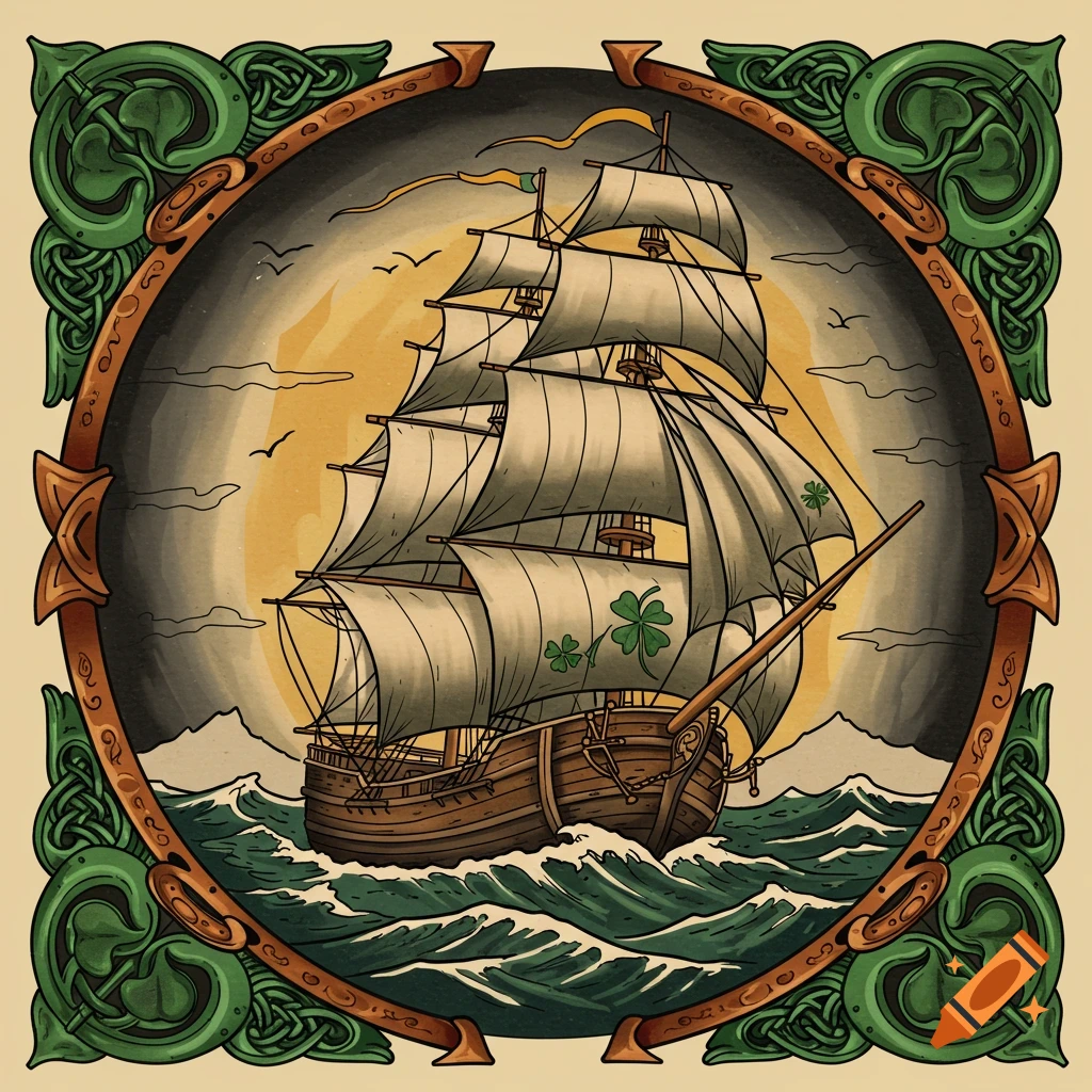 A sailing ship in a decorative Celtic frame, like a tattoo design.