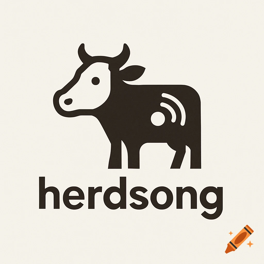 Minimalist logo of a black cow with a signal icon and the text 'herdsong'.