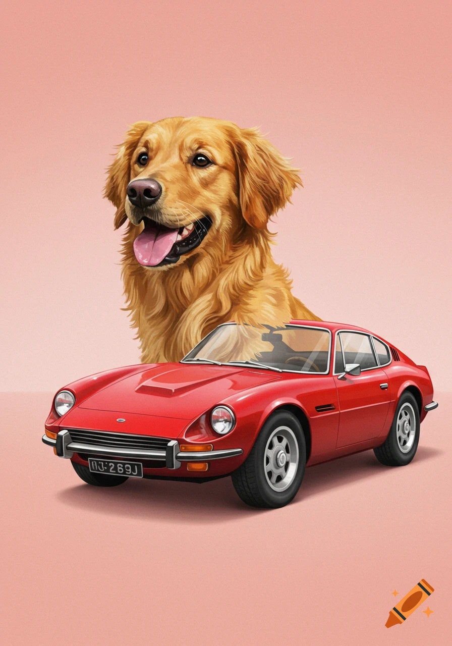 A golden retriever sits next to a red sports car.