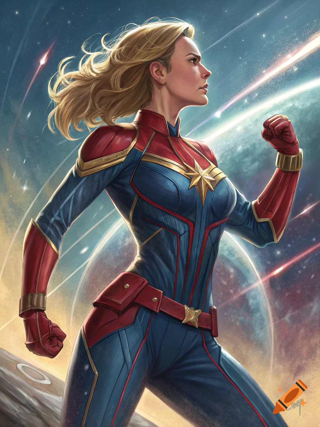 Captain Marvel in suit flying through space
