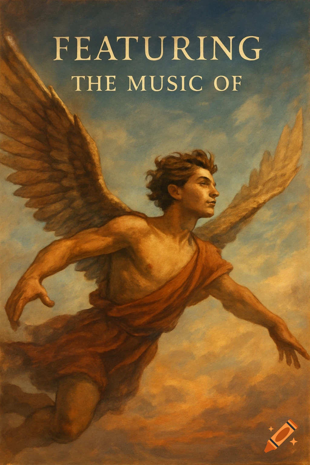 A winged figure flying in the sky with text "Featuring the music of".