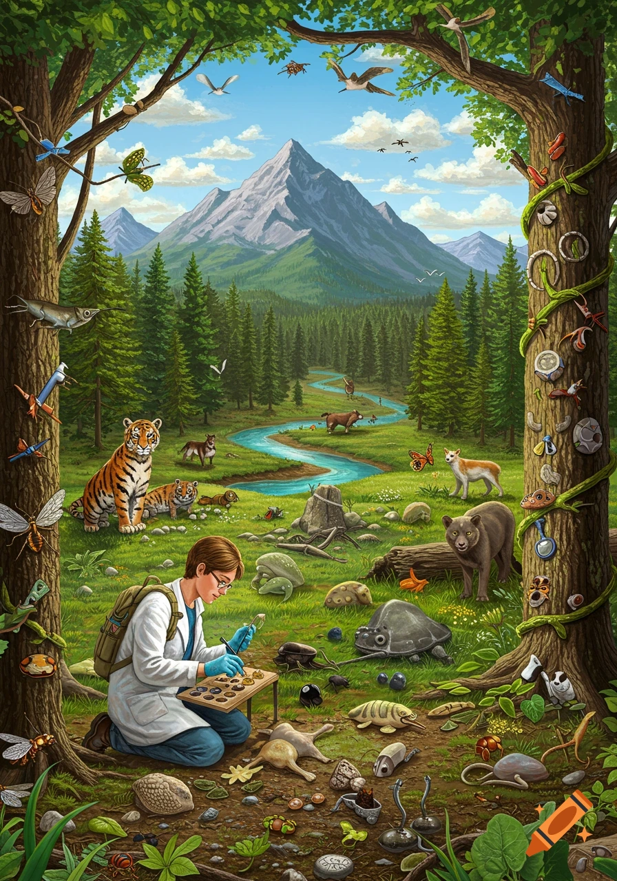 A scientist is studying specimens outdoors, surrounded by diverse animals and nature.