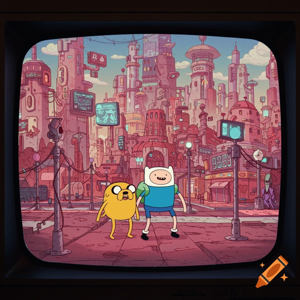 Finn and Jake walk through a stylized retro sci-fi city shown on a TV screen.