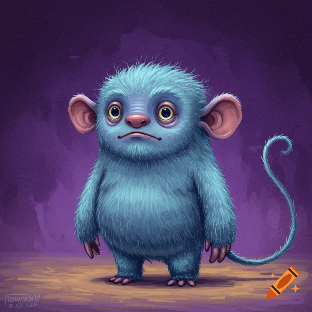 A blue furry monster with large ears and yellow eyes stands in a painting.