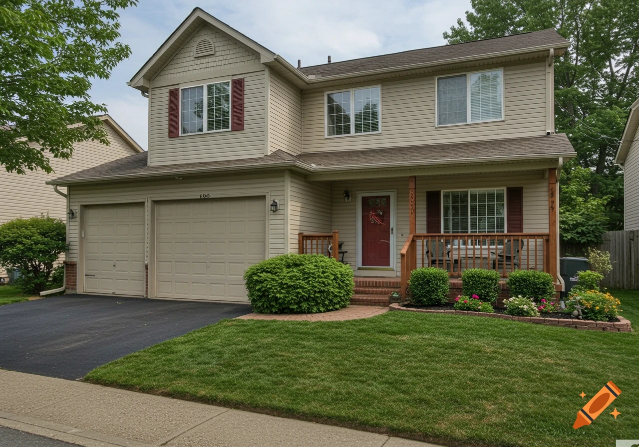 The front exterior of a suburban house with beige siding, a two-car garage, and a small porch with red shutters and red door.