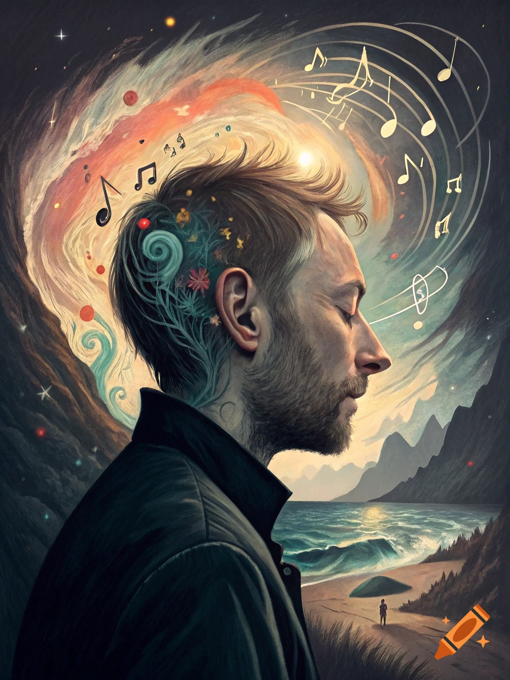 Surreal portrait of a man in profile with musical notes and swirling colors emerging from his head over a landscape with a beach and mountains.