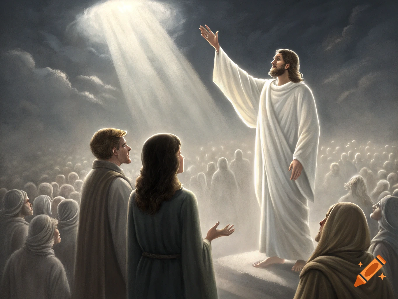 Jesus speaks to a multitude bathed in heavenly light.