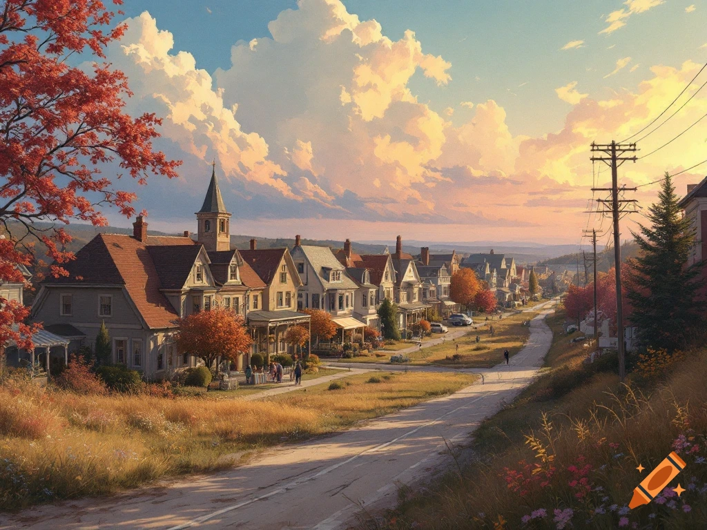 A town street in autumn with houses, trees, and clouds.