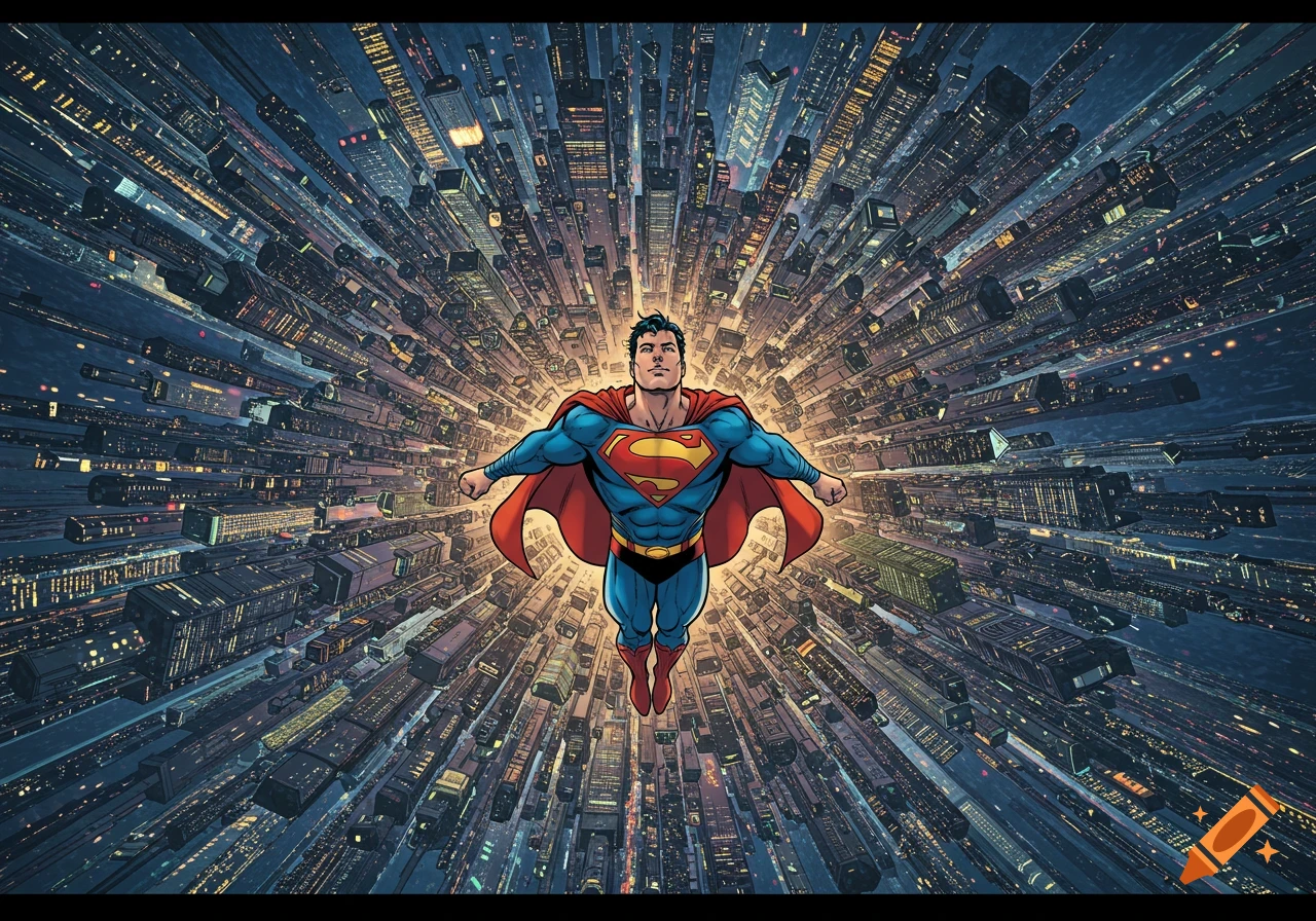 Superman flies above a radially expanding city from below in a comic book style.