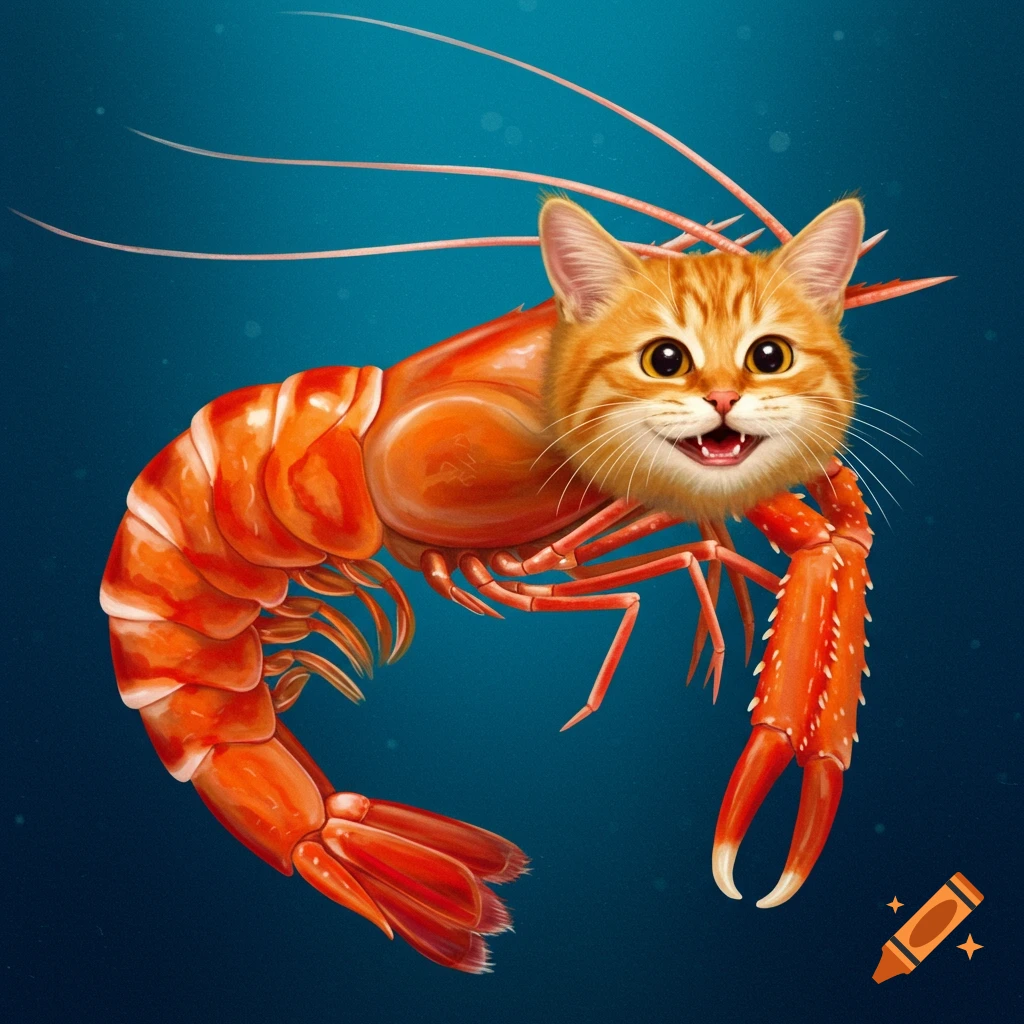 Shrimp with a ginger cat's head swimming in blue water.
