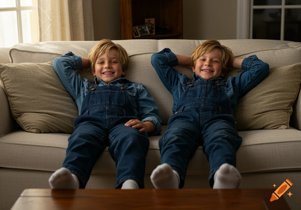 Two smiling preteen boys on a couch on Craiyon