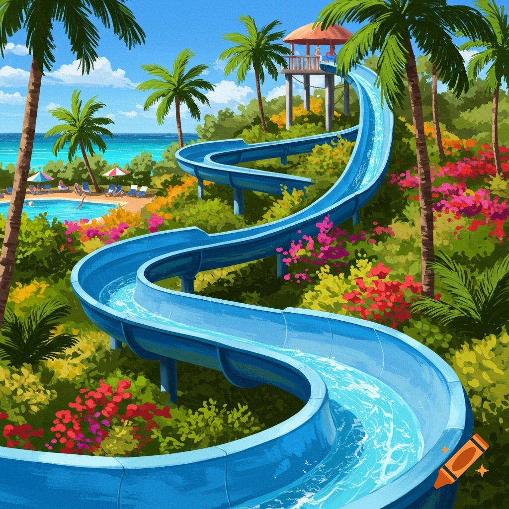 A winding blue waterslide on a tropical hill leads to a pool and beach.