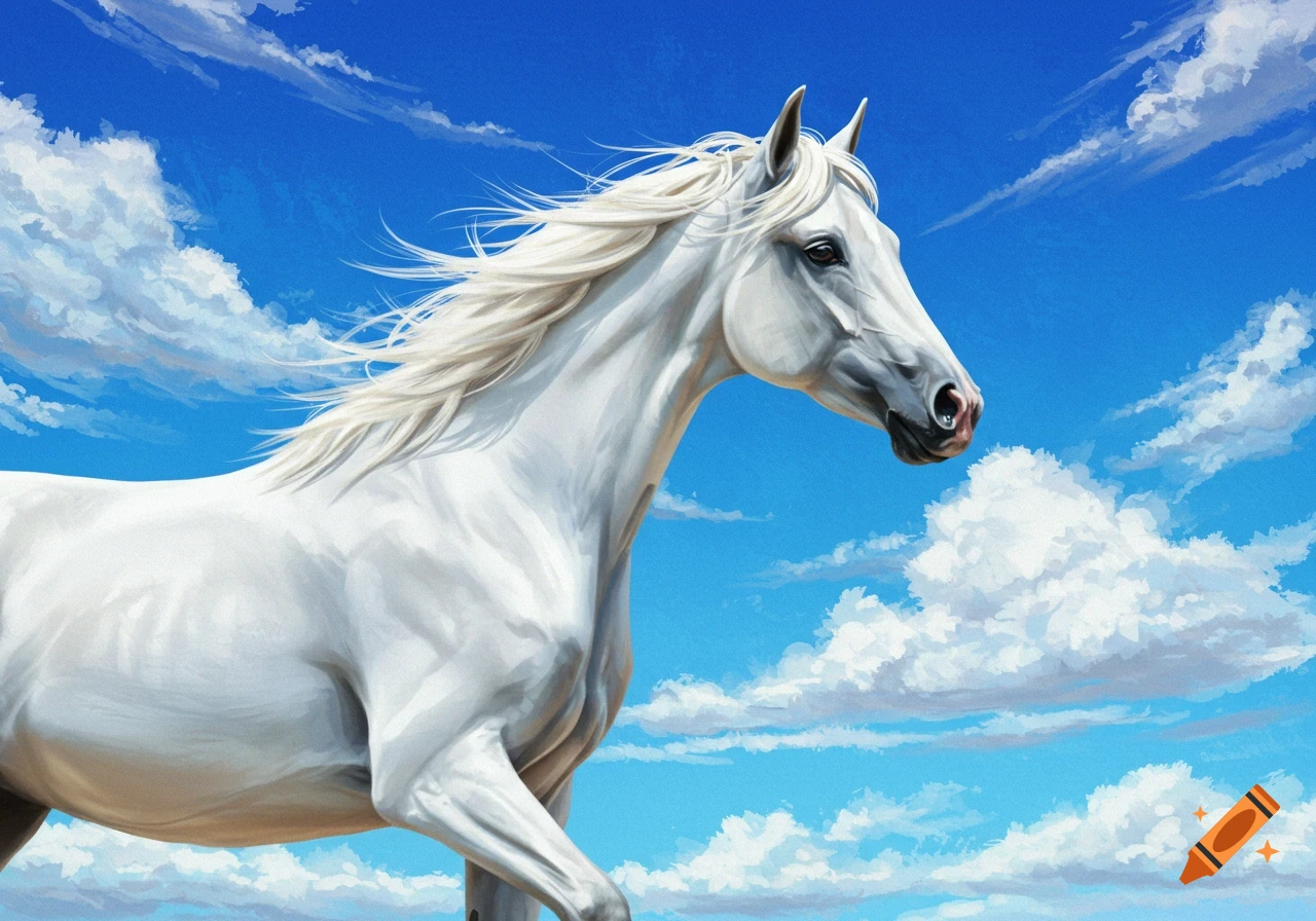 A white horse with flowing mane runs against a blue blue sky with clouds.