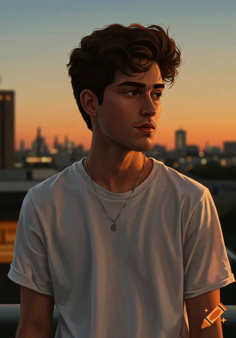 A man wearing a white tee and silver necklace at sunset.