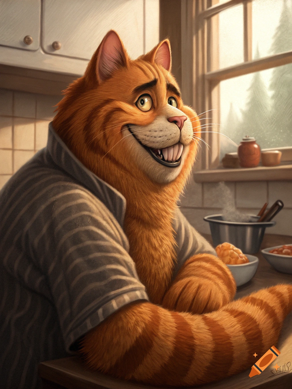 Anthropomorphic orange cat in a kitchen