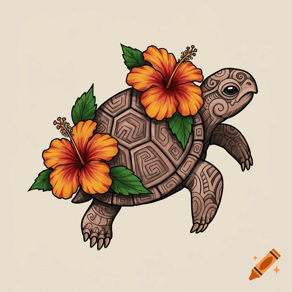 Stylized illustration of a turtle with tribal patterns and orange hibiscus flowers on its shell, tattoo design.