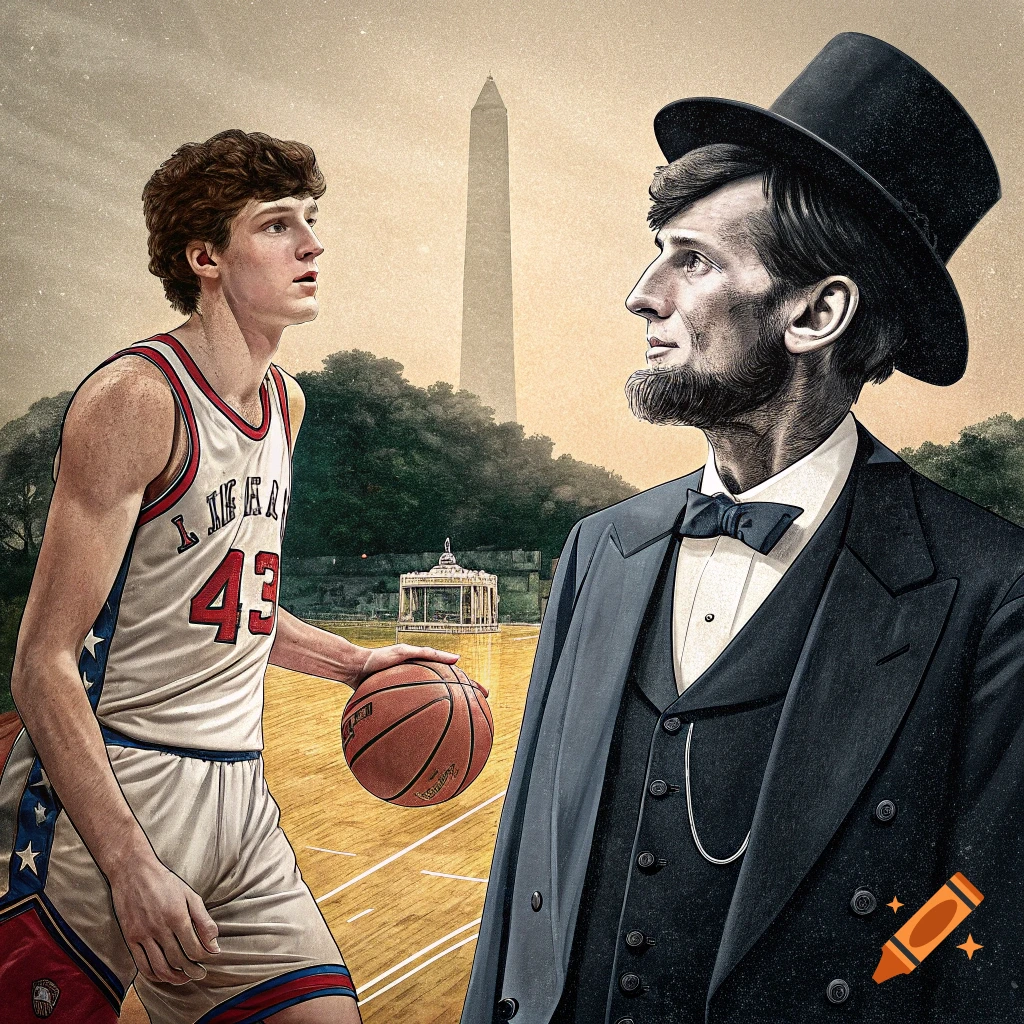An illustration of a basketball player standing with Abraham Lincoln on a court near the Washington Monument.