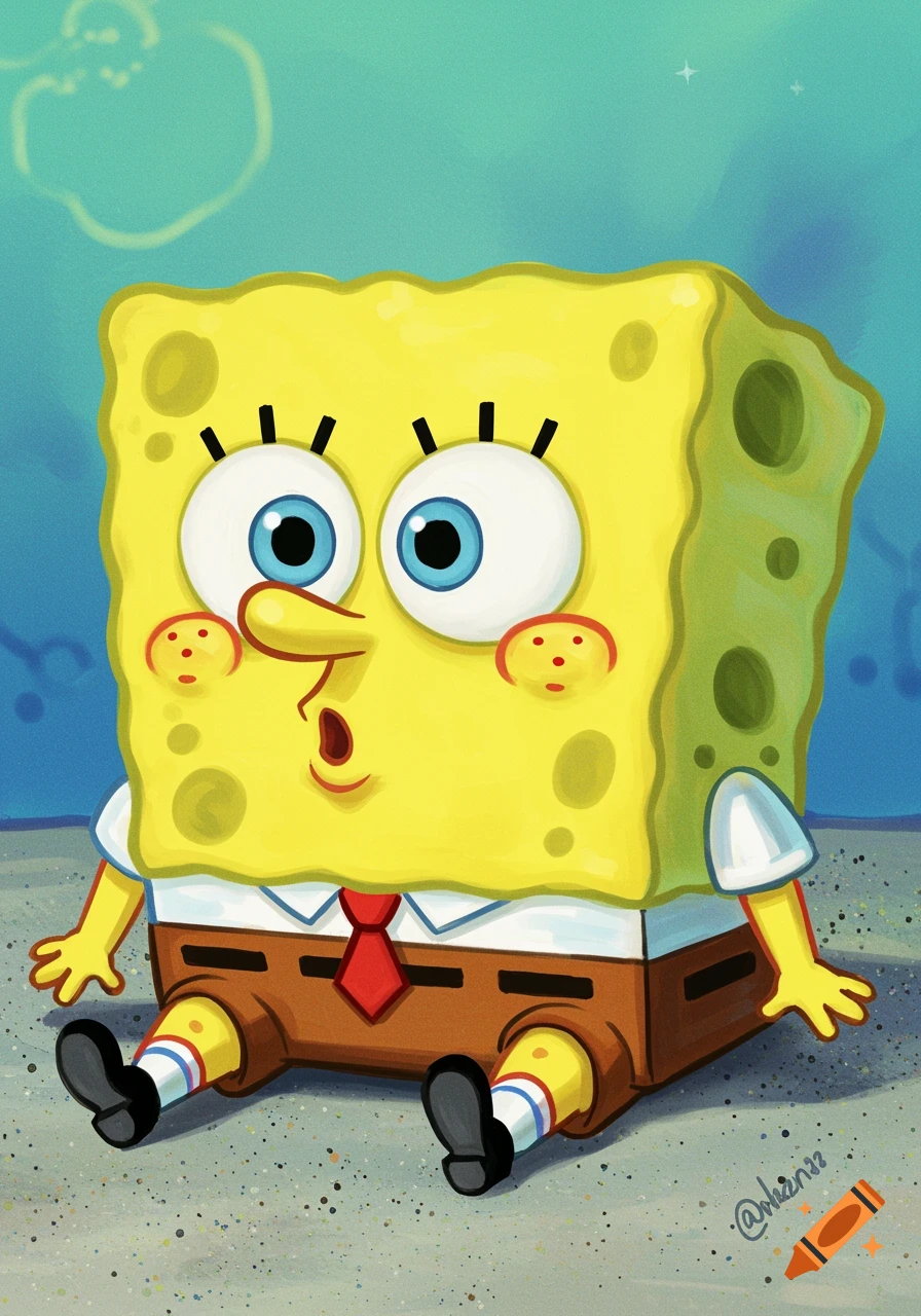 A surprised baby SpongeBob SquarePants sits on the seabed in a bright, cartoony illustration.