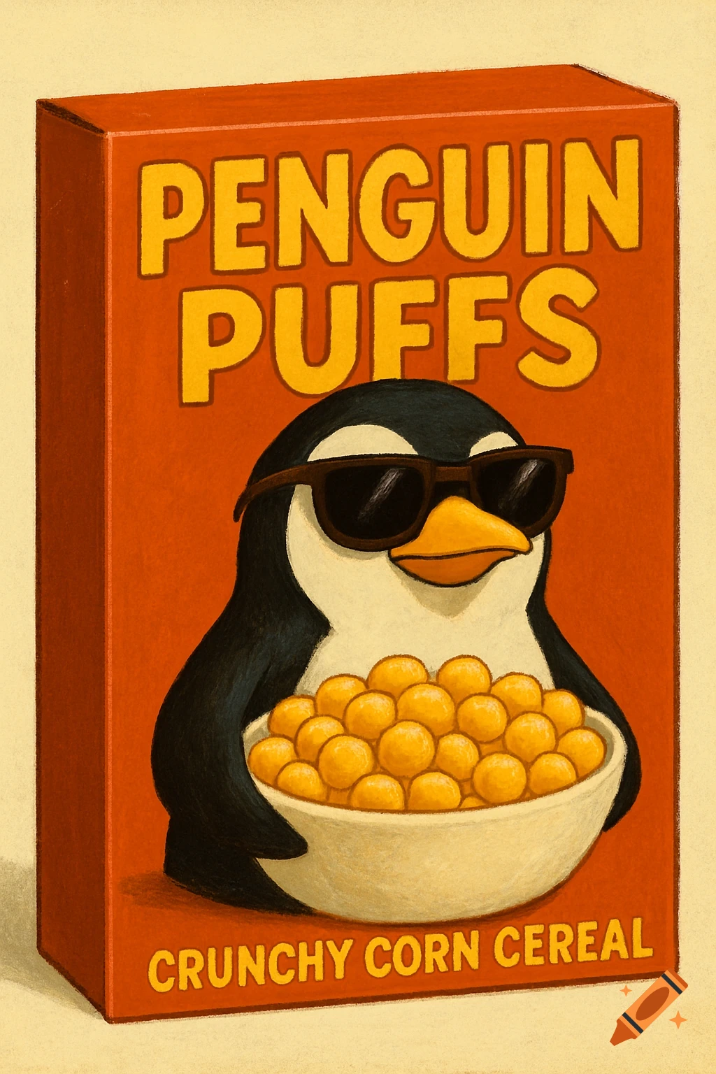 A 'Penguin Puffs' cereal box featuring a penguin mascot with sunglasses holding a bowl of cereal.