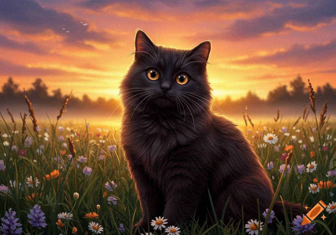 A cute black cat with orange eyes sits in a field of wildflowers at sunset.