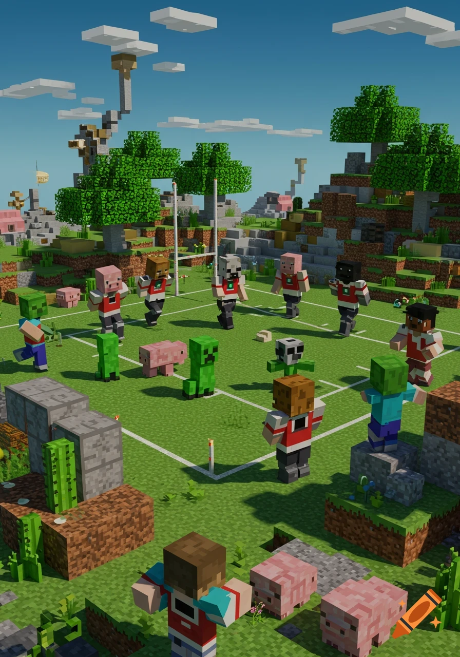 Minecraft characters including pigs, creepers, and zombies playing rugby on a blocky field.