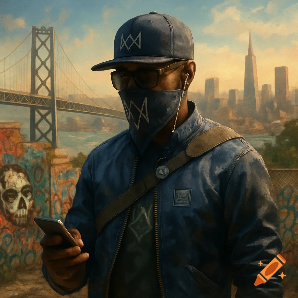 A character in a cap and mask is looking at a phone in an urban setting with a bridge and city skyline.