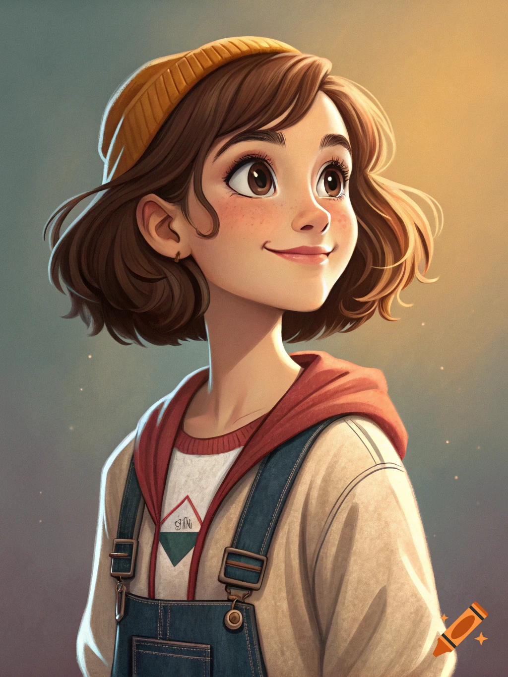 Cartoon illustration of a smiling girl with freckles wearing a yellow beanie and overalls.