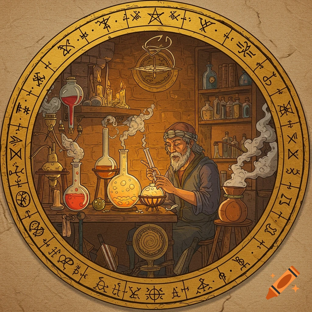 An illustration of an old alchemist working in a lab with bubbling beakers, framed by esoteric symbols.