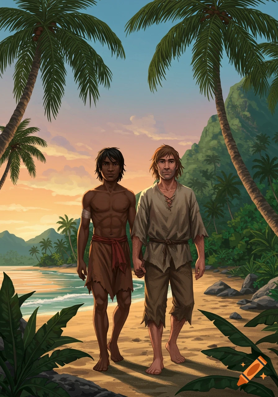 Two men walking hand-in-hand on a tropical beach at sunset.