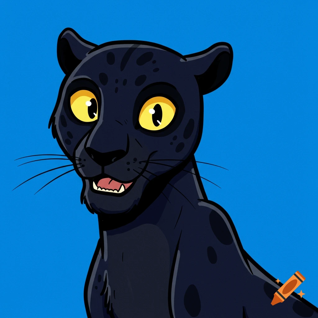 A cartoon black panther with yellow eyes against a blue background.