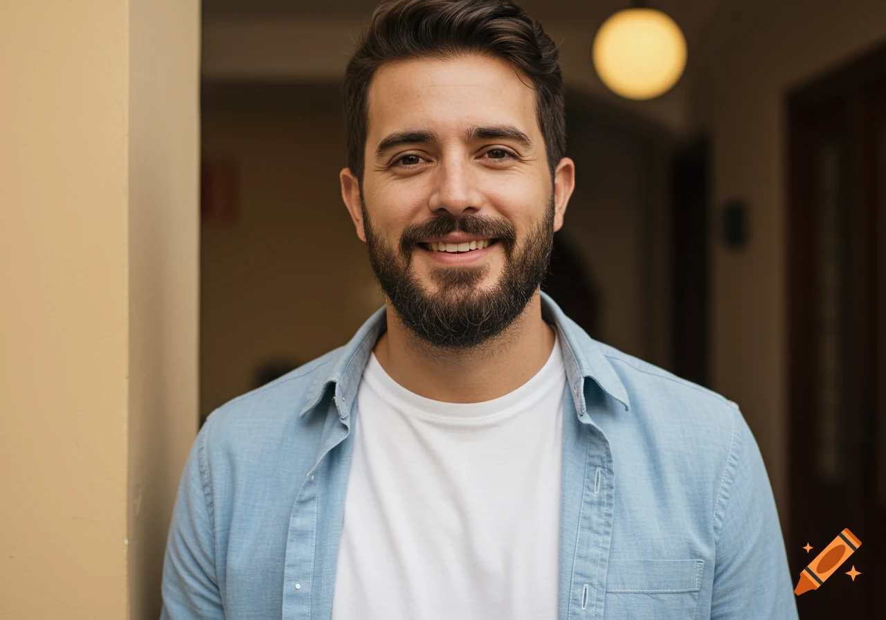 Smiling man with beard wearing white t-shirt and light blue shirt