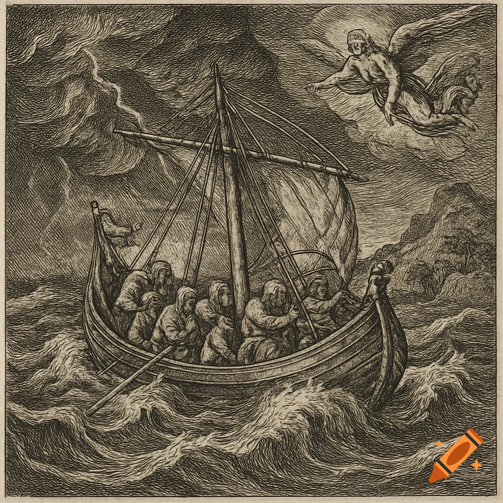 Black and white etching of a boat with people in a stormy sea, with an angel flying overhead.