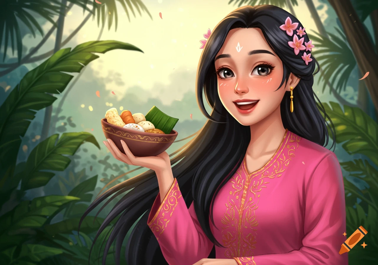 A smiling woman in a pink dress holds a bowl of food in a lush forest.