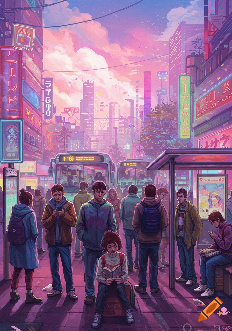 Anime-style depiction of people waiting for buses on a vibrant city street at sunset with neon signs.