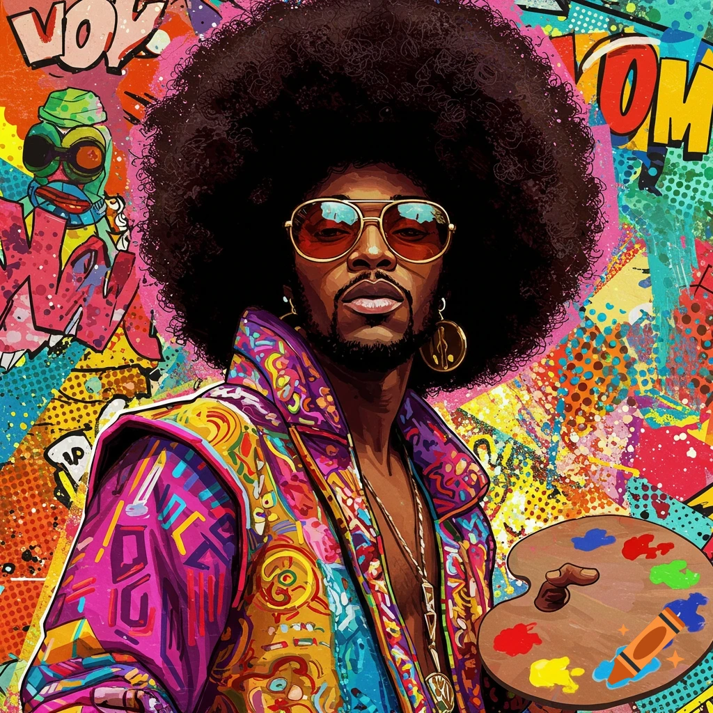 A Black man with an afro in colorful pop art style clothing, holding a paint palette.