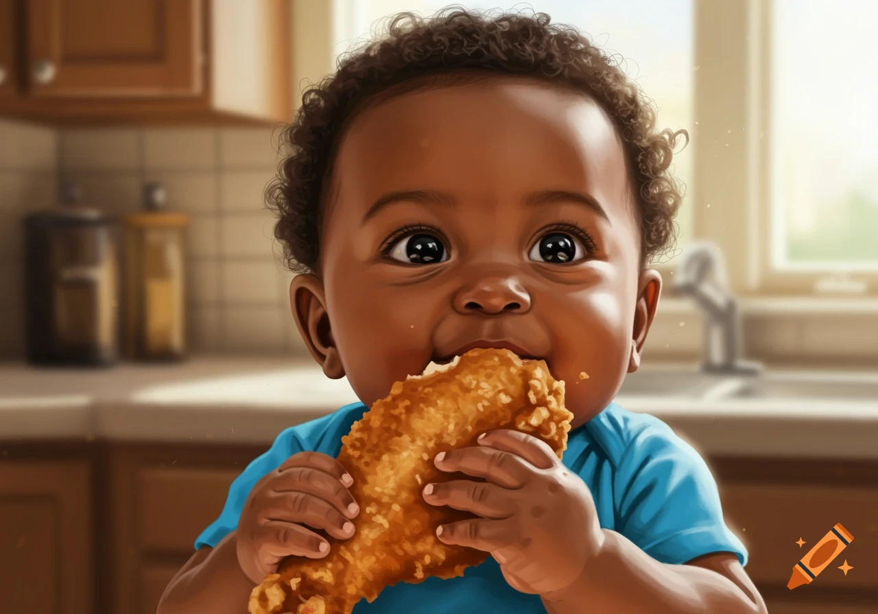 A whimsical image of a baby with big eyes eating a large piece of fried chicken.