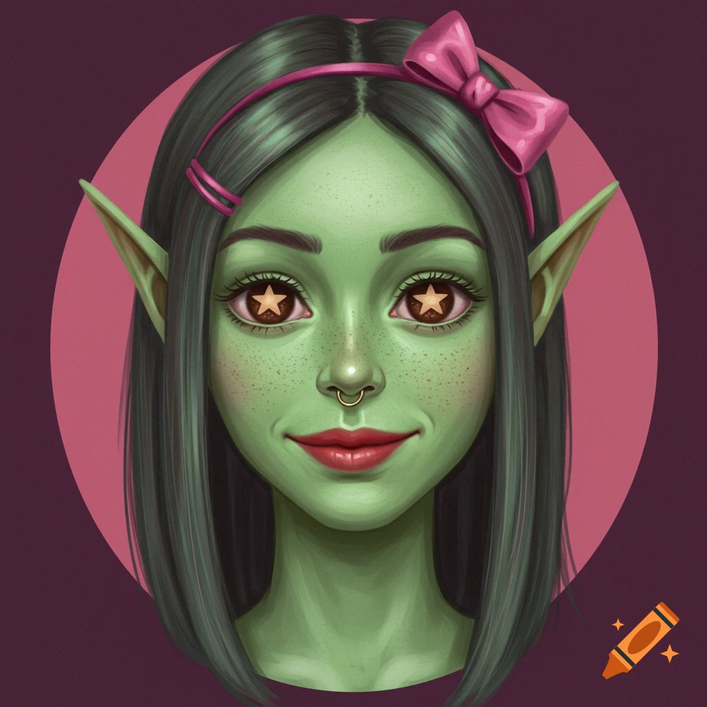 A green-skinned female with star-shaped eyes, pointed ears, and a pink bow.