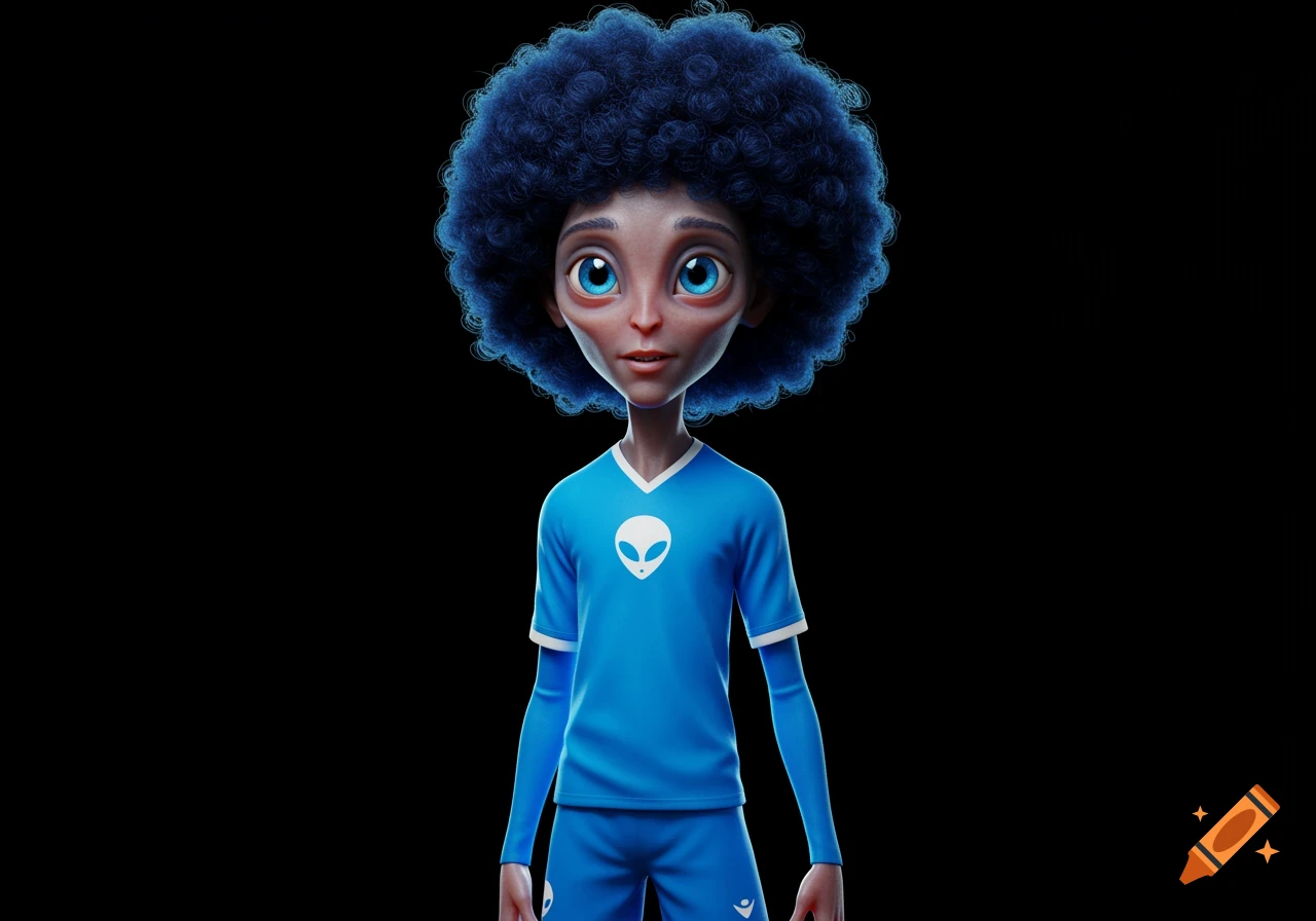 Stylized 3D render of a blue-eyed alien with an afro wearing a blue football kit with an alien symbol.