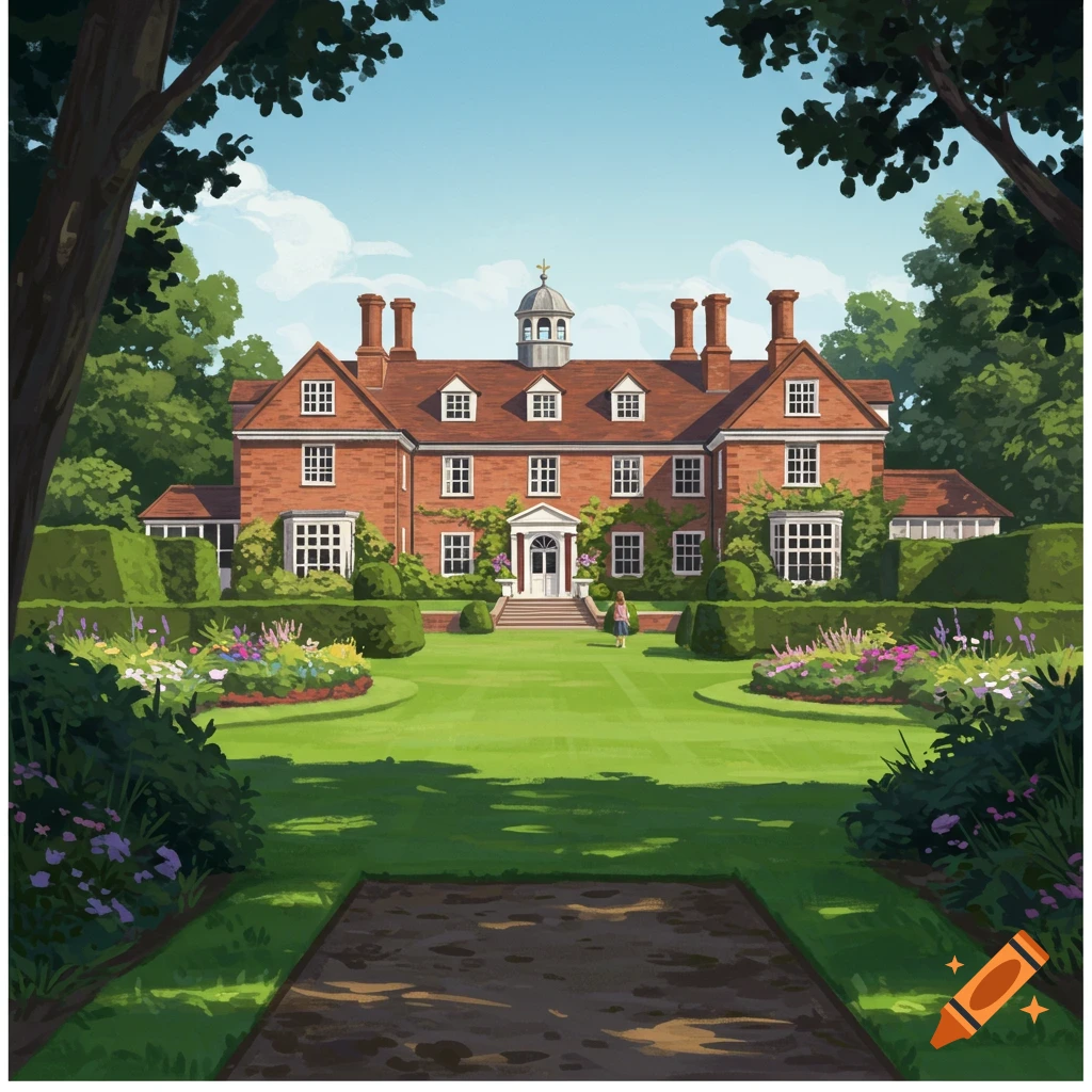 A large brick mansion with white trim, surrounded by manicured gardens and trees under a blue sky.