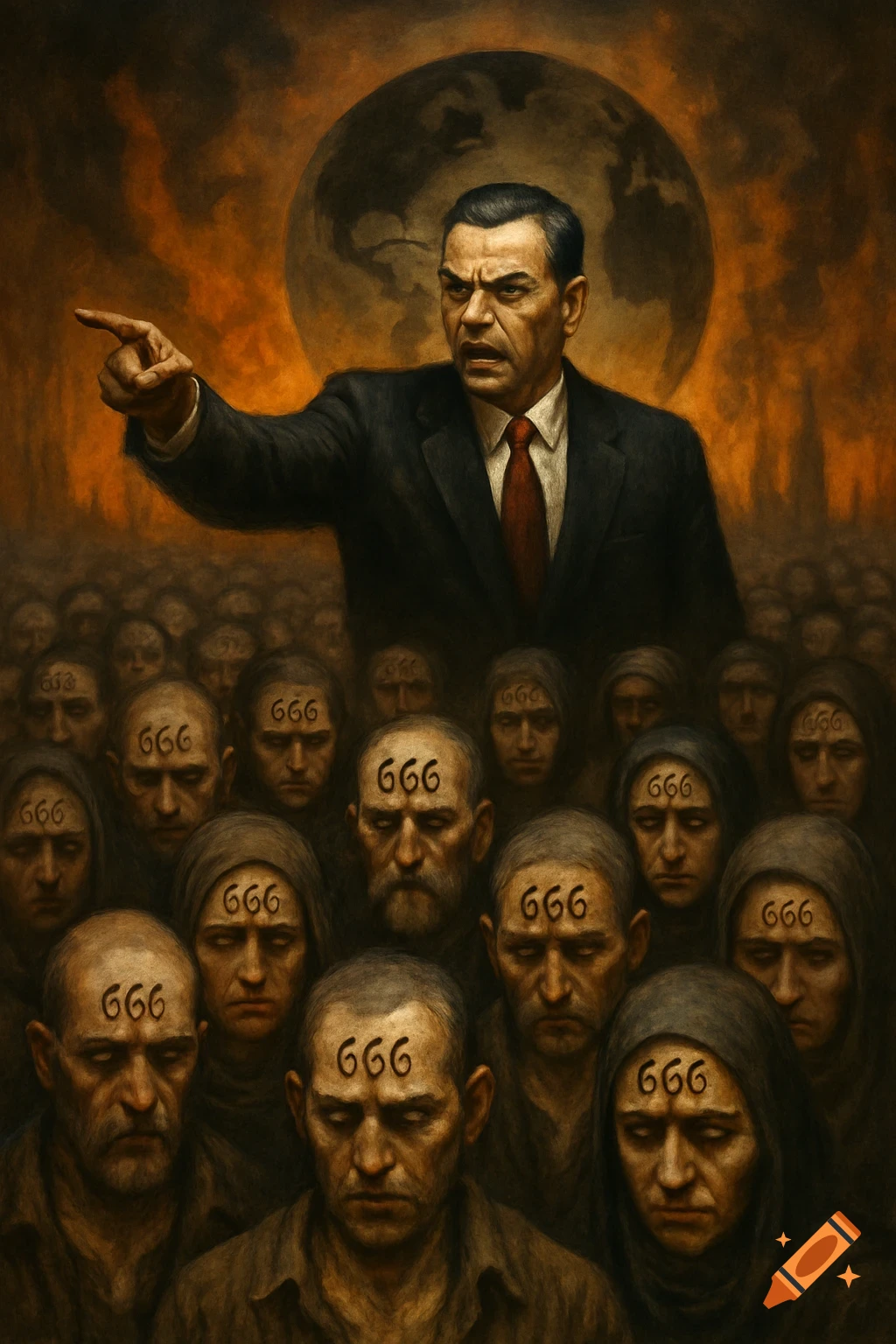 A man pointing at a crowd marked with '666', with a dark sky and Earth.