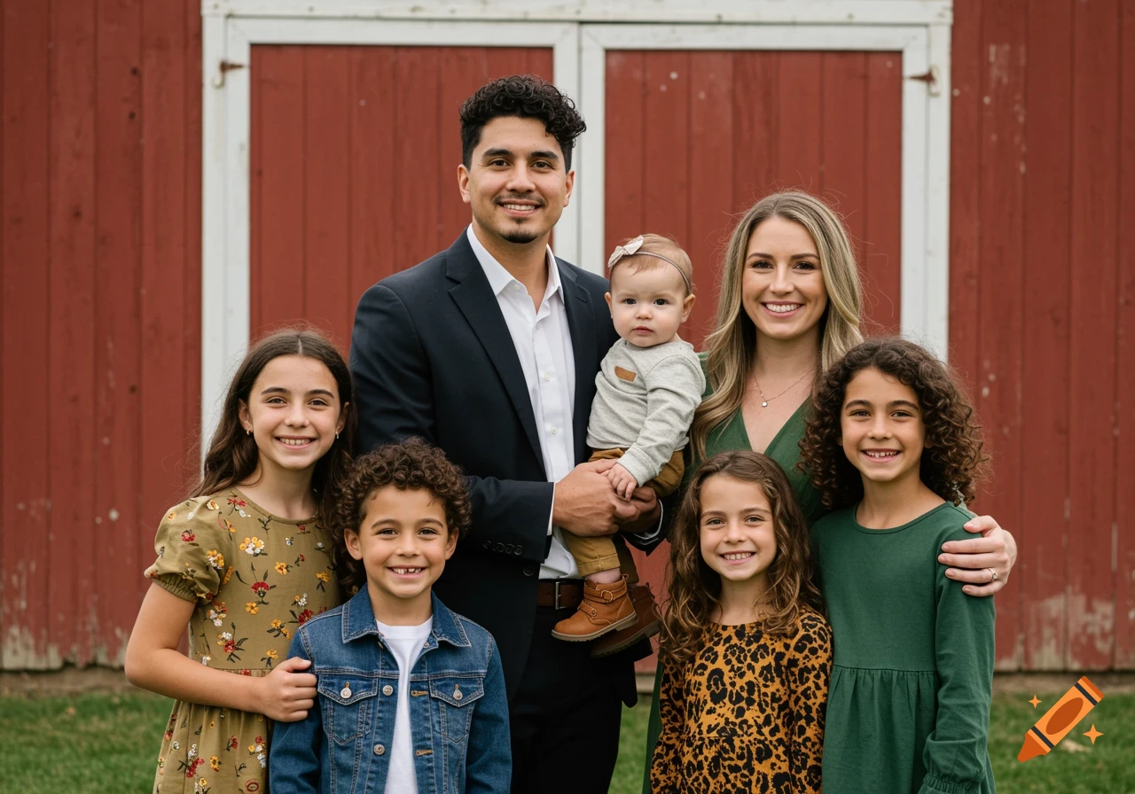 A family portrait in front of a red barn.