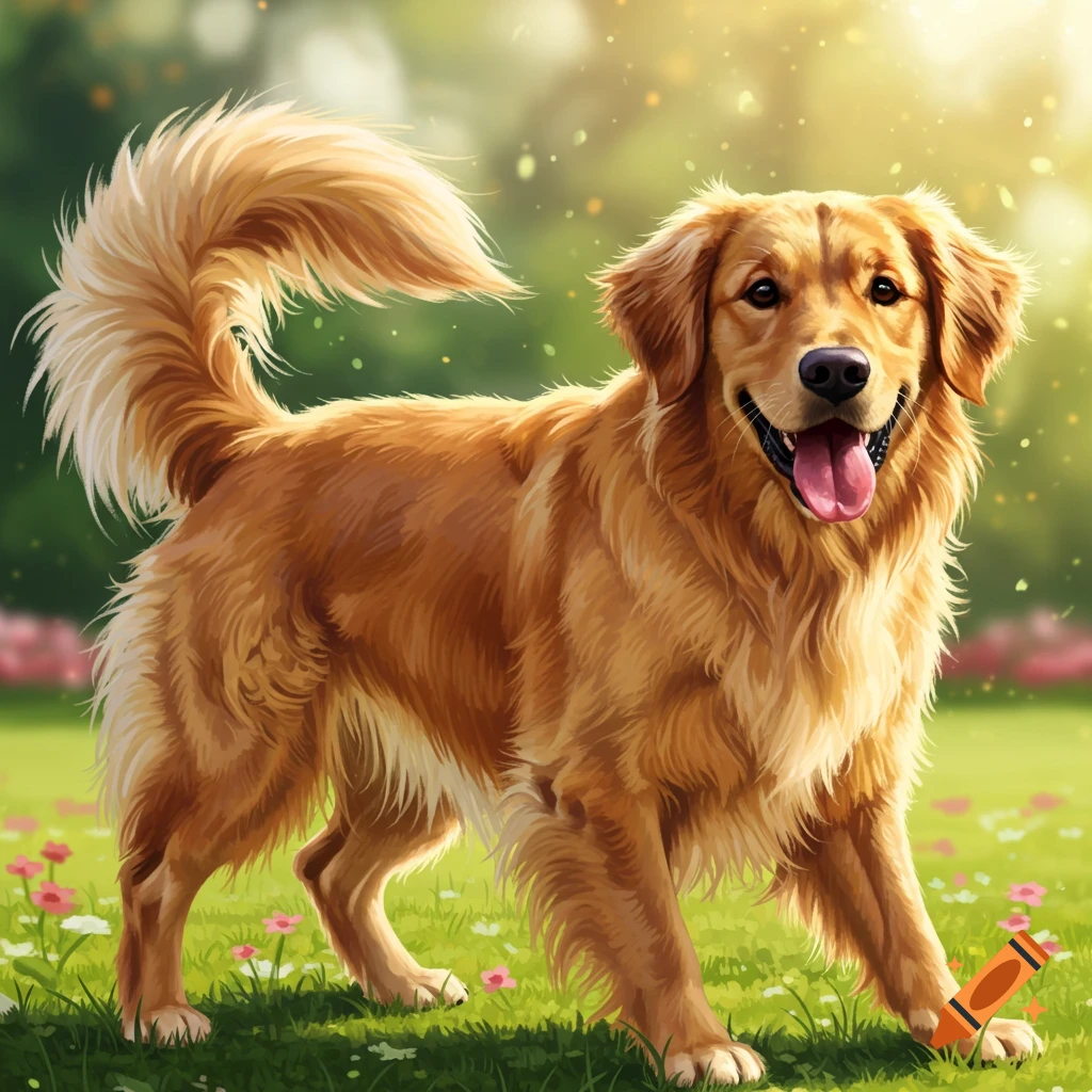 A golden retriever stands in a sunny grassy field with flowers.