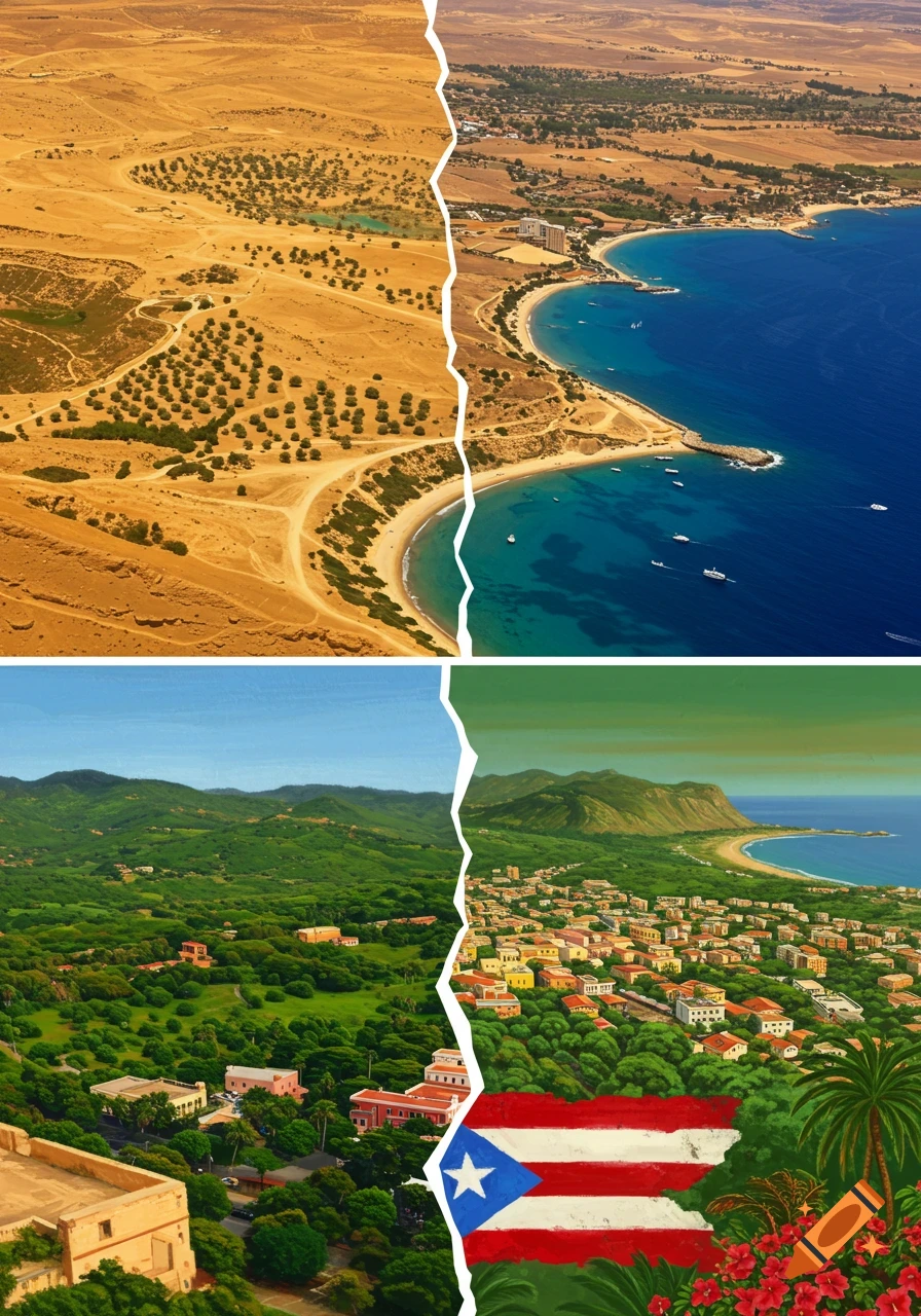 Split image showing arid desert, coastal town, green hills, and a town with the Puerto Rican flag.