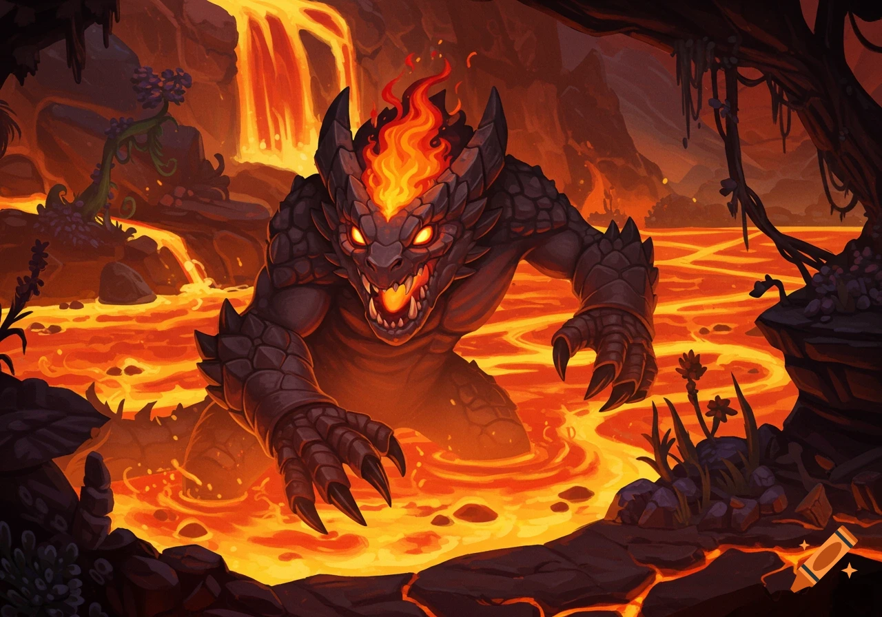 A large, scaly monster with glowing eyes and fire on its head stands in a pool of lava with a lavafall behind it.