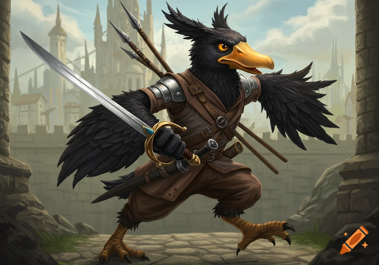 A kenku fighter in armor stands outside a castle, holding a sword and javelins.